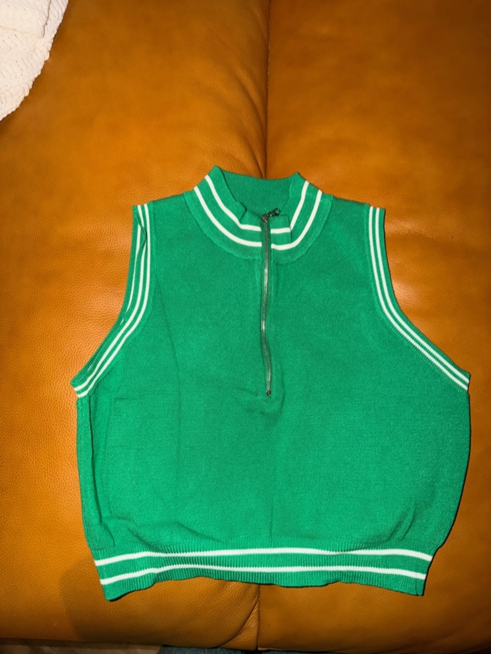 Fashion Nova Green cropped Half-Zip Ribbed Mock Neck Sweater with White Stripe